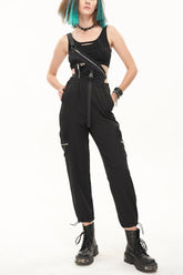 Black Punk Casual Single Shoulder Multiple Pockets Skull Head Decoration Strap Women's Pants